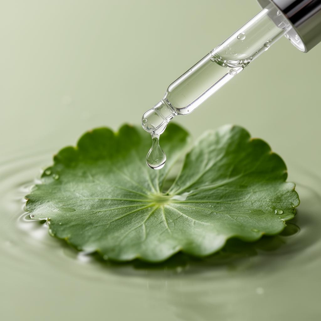 Serum drop falling onto a centella leaf